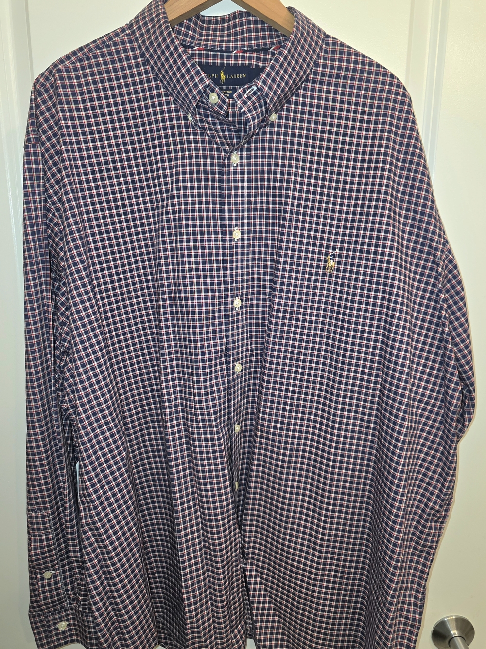 Ralph Lauren Men's Button Down Shirt 3XB Navy Red White Plaid Cotton Stretch